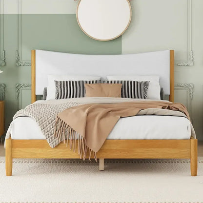 Natural Queen Size Rubber Wooden with Platform Bed Teddy Velvet Cushion Upholstered Headboard