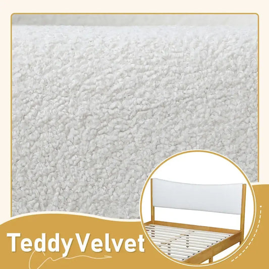 Natural Queen Size Rubber Wooden with Platform Bed Teddy Velvet Cushion Upholstered Headboard