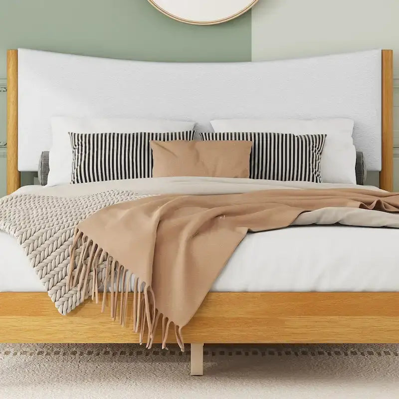 Natural Queen Size Rubber Wooden with Platform Bed Teddy Velvet Cushion Upholstered Headboard