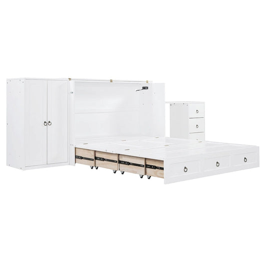White Queen Size Murphy Bed with USB Port, Large Drawer and Desk Combo for Bedroom
