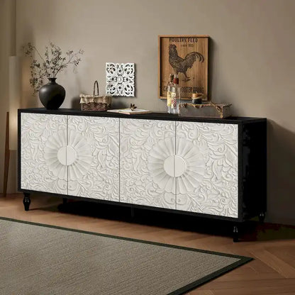 63 Accent TV Stand with Carved Doors & Wood Legs for Living Room