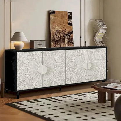 63 Accent TV Stand with Carved Doors & Wood Legs for Living Room