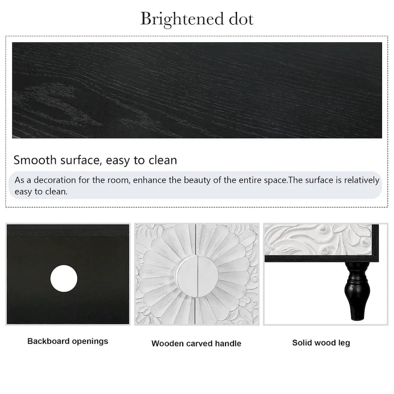 63 Accent TV Stand with Carved Doors & Wood Legs for Living Room