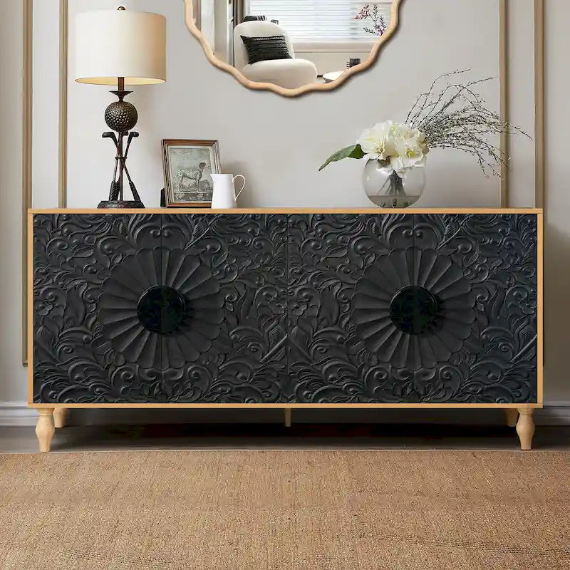 63 Accent TV Stand with Carved Doors & Wood Legs for Living Room