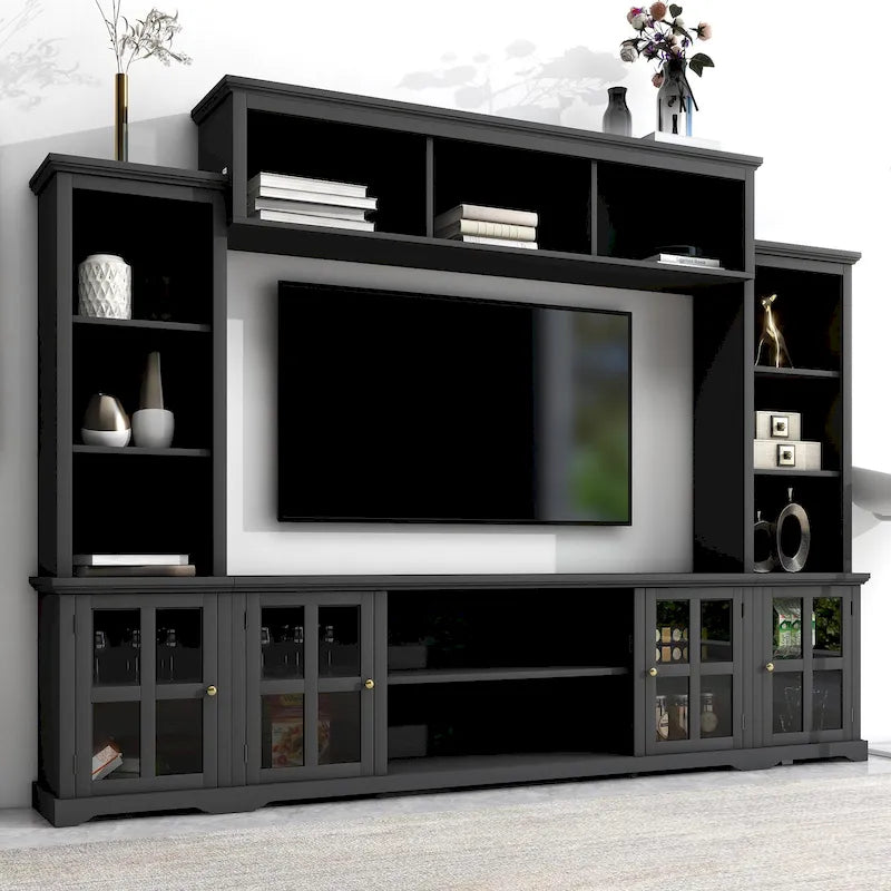 Entertainment Wall Unit with Bridge, Tempered Glass Doors for TVs Up to 70