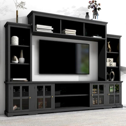 Entertainment Wall Unit with Bridge, Tempered Glass Doors for TVs Up to 70