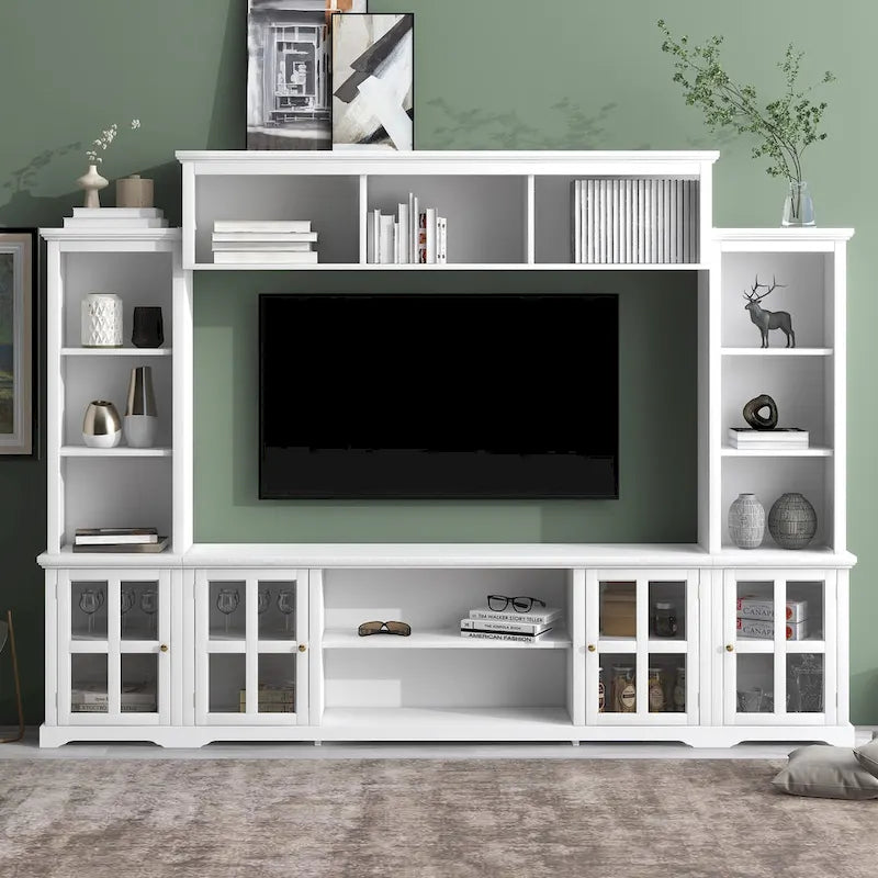 Entertainment Wall Unit with Bridge, Tempered Glass Doors for TVs Up to 70