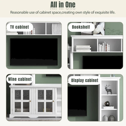 Entertainment Wall Unit with Bridge, Tempered Glass Doors for TVs Up to 70