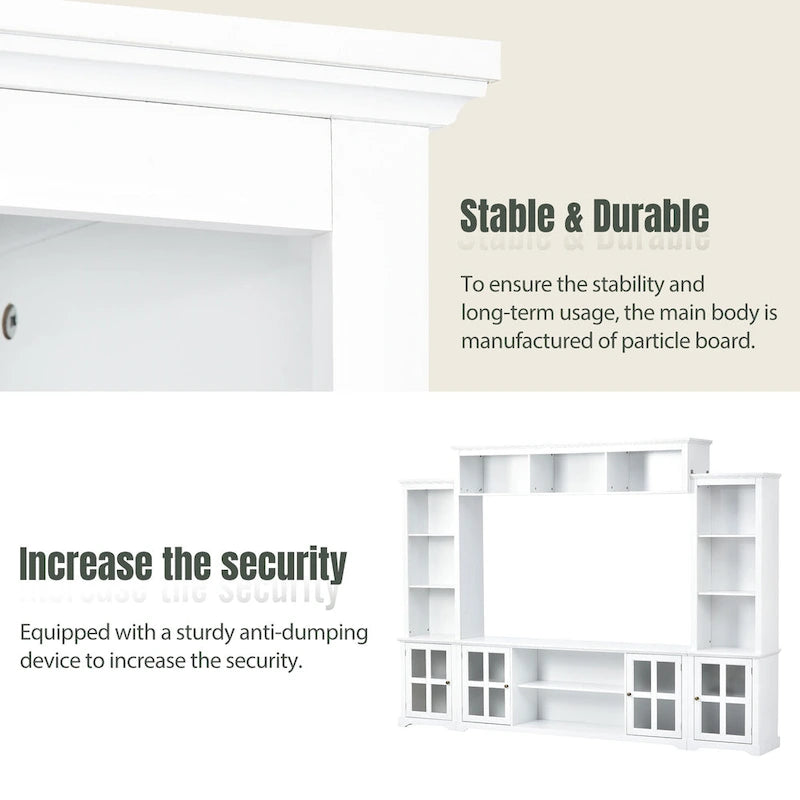 Entertainment Wall Unit with Bridge, Tempered Glass Doors for TVs Up to 70