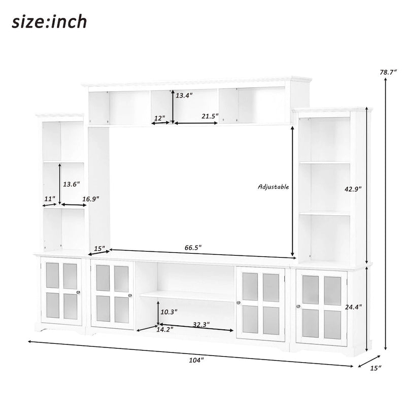 Entertainment Wall Unit with Bridge, Tempered Glass Doors for TVs Up to 70