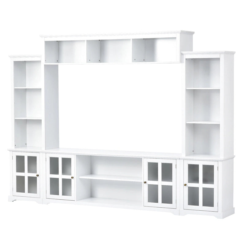 Entertainment Wall Unit with Bridge, Tempered Glass Doors for TVs Up to 70