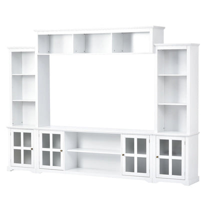 Entertainment Wall Unit with Bridge, Tempered Glass Doors for TVs Up to 70