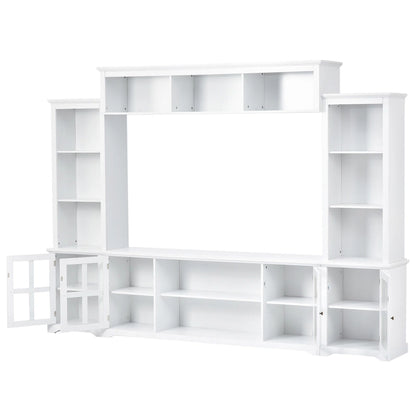 Entertainment Wall Unit with Bridge, Tempered Glass Doors for TVs Up to 70