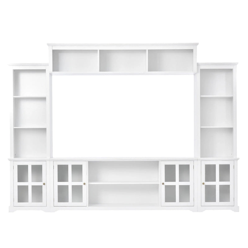 Entertainment Wall Unit with Bridge, Tempered Glass Doors for TVs Up to 70