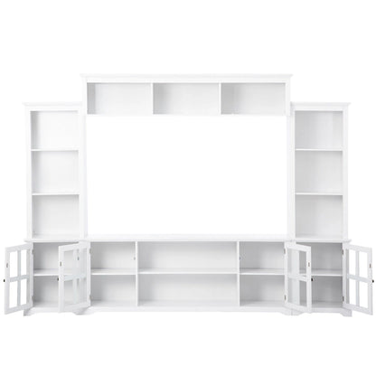 Entertainment Wall Unit with Bridge, Tempered Glass Doors for TVs Up to 70