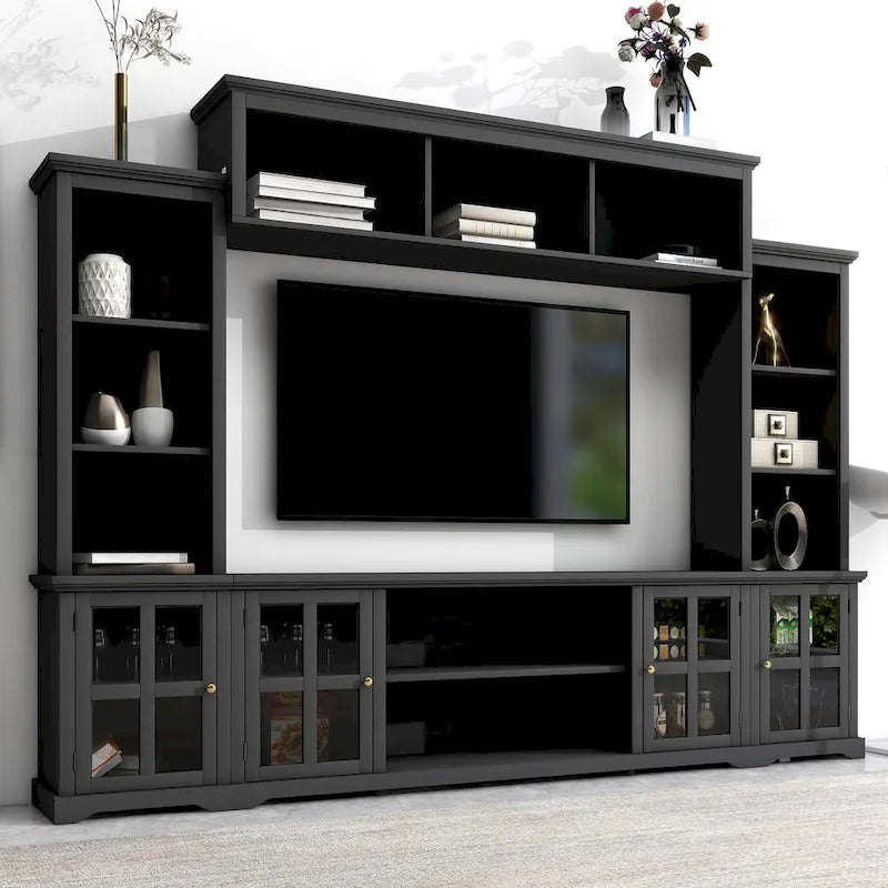 Entertainment Wall Unit with Bridge, Tempered Glass Doors for TVs Up to 70