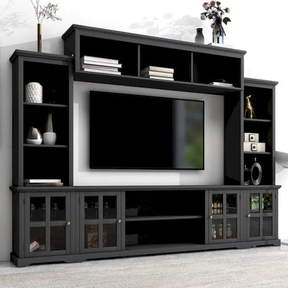 Entertainment Wall Unit with Bridge, Tempered Glass Doors for TVs Up to 70