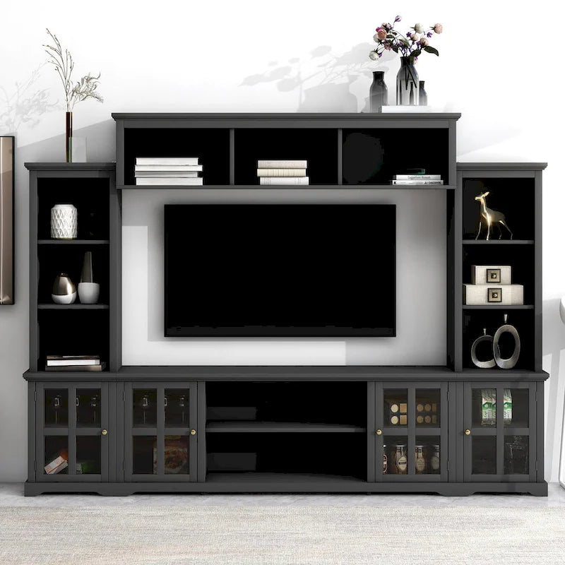 Entertainment Wall Unit with Bridge, Tempered Glass Doors for TVs Up to 70