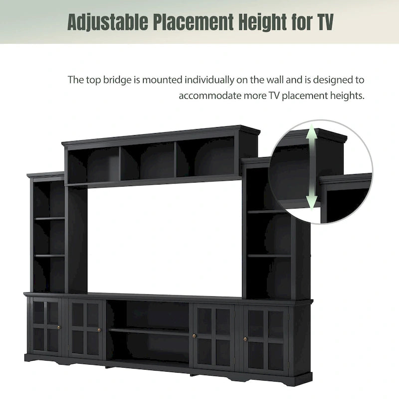 Entertainment Wall Unit with Bridge, Tempered Glass Doors for TVs Up to 70