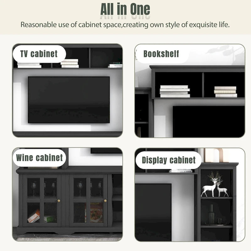 Entertainment Wall Unit with Bridge, Tempered Glass Doors for TVs Up to 70