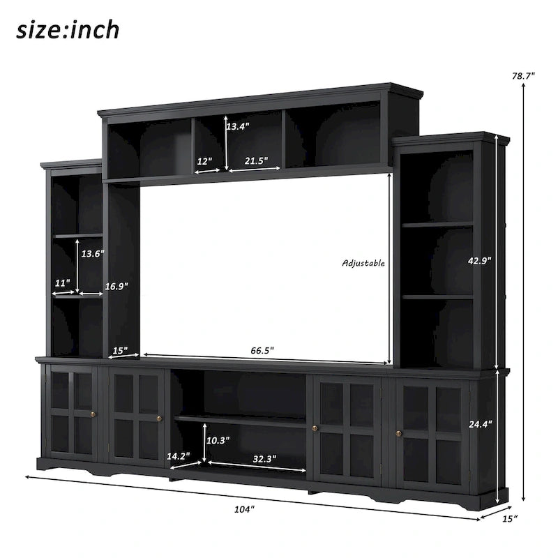 Entertainment Wall Unit with Bridge, Tempered Glass Doors for TVs Up to 70