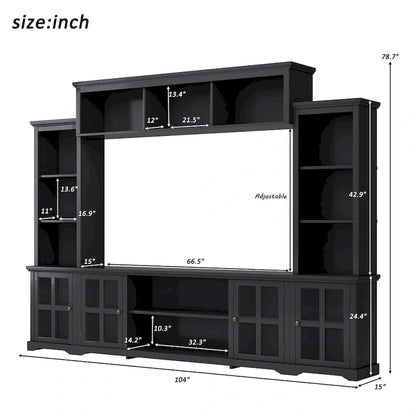 Entertainment Wall Unit with Bridge, Tempered Glass Doors for TVs Up to 70