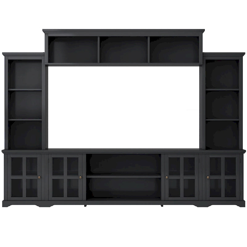 Entertainment Wall Unit with Bridge, Tempered Glass Doors for TVs Up to 70