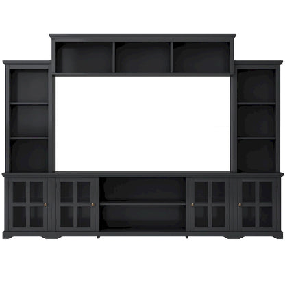 Entertainment Wall Unit with Bridge, Tempered Glass Doors for TVs Up to 70