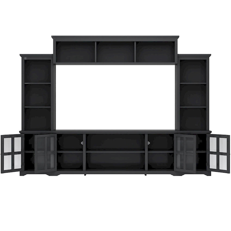 Entertainment Wall Unit with Bridge, Tempered Glass Doors for TVs Up to 70