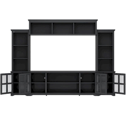 Entertainment Wall Unit with Bridge, Tempered Glass Doors for TVs Up to 70