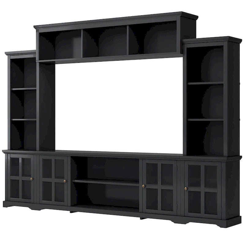 Entertainment Wall Unit with Bridge, Tempered Glass Doors for TVs Up to 70