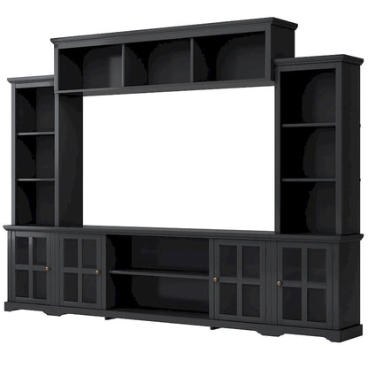 Entertainment Wall Unit with Bridge, Tempered Glass Doors for TVs Up to 70