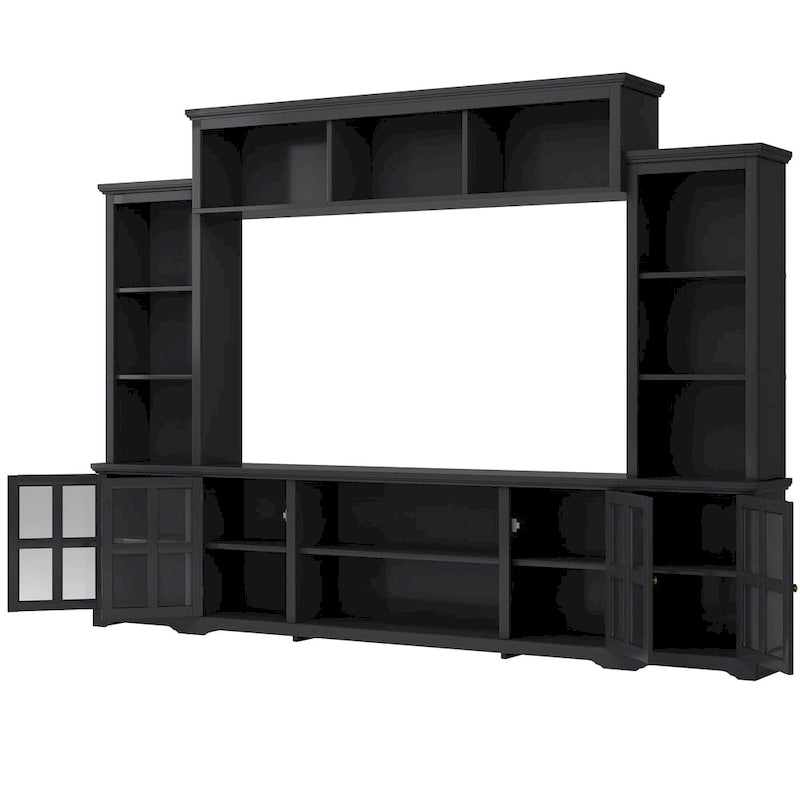 Entertainment Wall Unit with Bridge, Tempered Glass Doors for TVs Up to 70