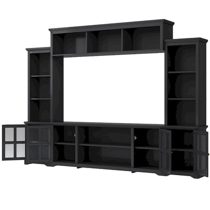 Entertainment Wall Unit with Bridge, Tempered Glass Doors for TVs Up to 70