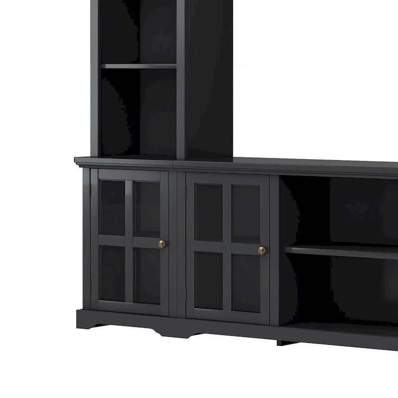 Entertainment Wall Unit with Bridge, Tempered Glass Doors for TVs Up to 70