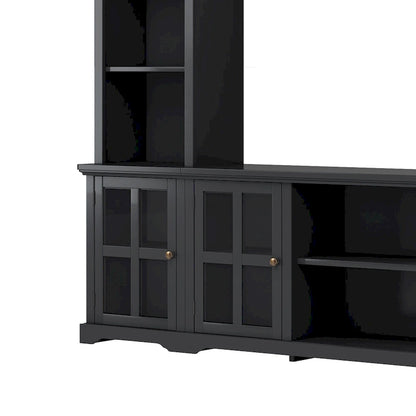 Entertainment Wall Unit with Bridge, Tempered Glass Doors for TVs Up to 70