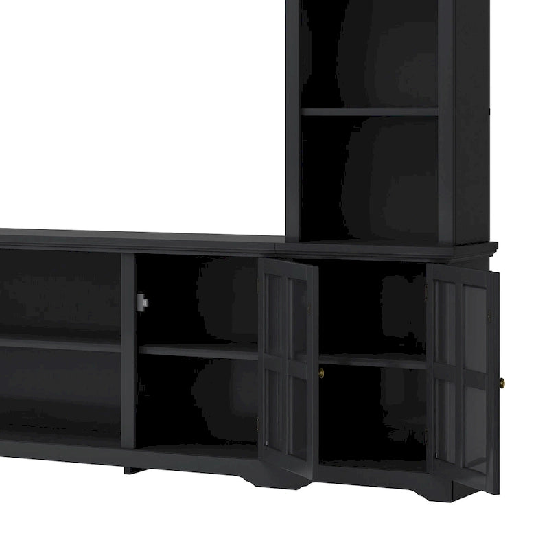 Entertainment Wall Unit with Bridge, Tempered Glass Doors for TVs Up to 70