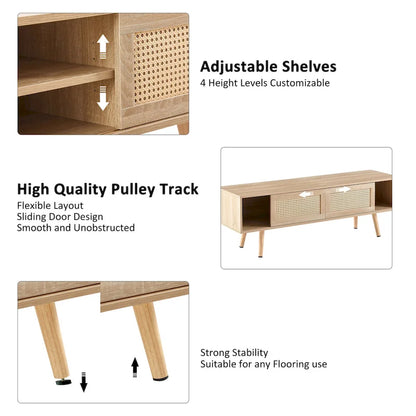 55.12 TV Stand with Double Sliding Doors, Solid Wood Legs and Adjustable Shelf for Living Room