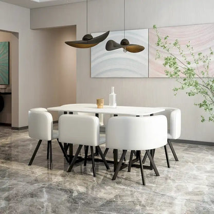 Modern 7-Piece Dining Set with Rectangular Marble Table & 6 Upholstered Chairs
