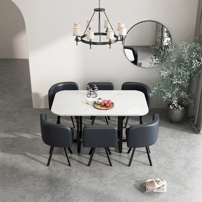 Modern 7-Piece Dining Set with Rectangular Marble Table & 6 Upholstered Chairs