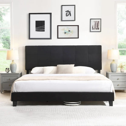 Black King Upholstered Platform Bed with Button Tufted Headboard and Wood Slats - No Box Spring Needed