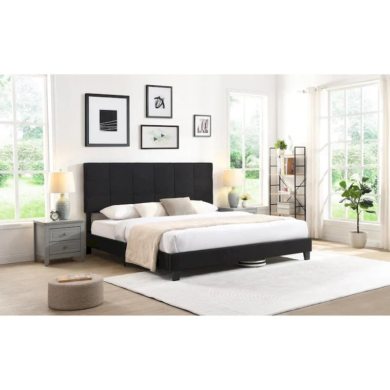 Black King Upholstered Platform Bed with Button Tufted Headboard and Wood Slats - No Box Spring Needed