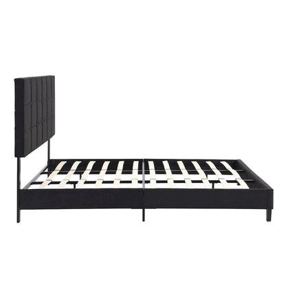 Black King Upholstered Platform Bed with Button Tufted Headboard and Wood Slats - No Box Spring Needed