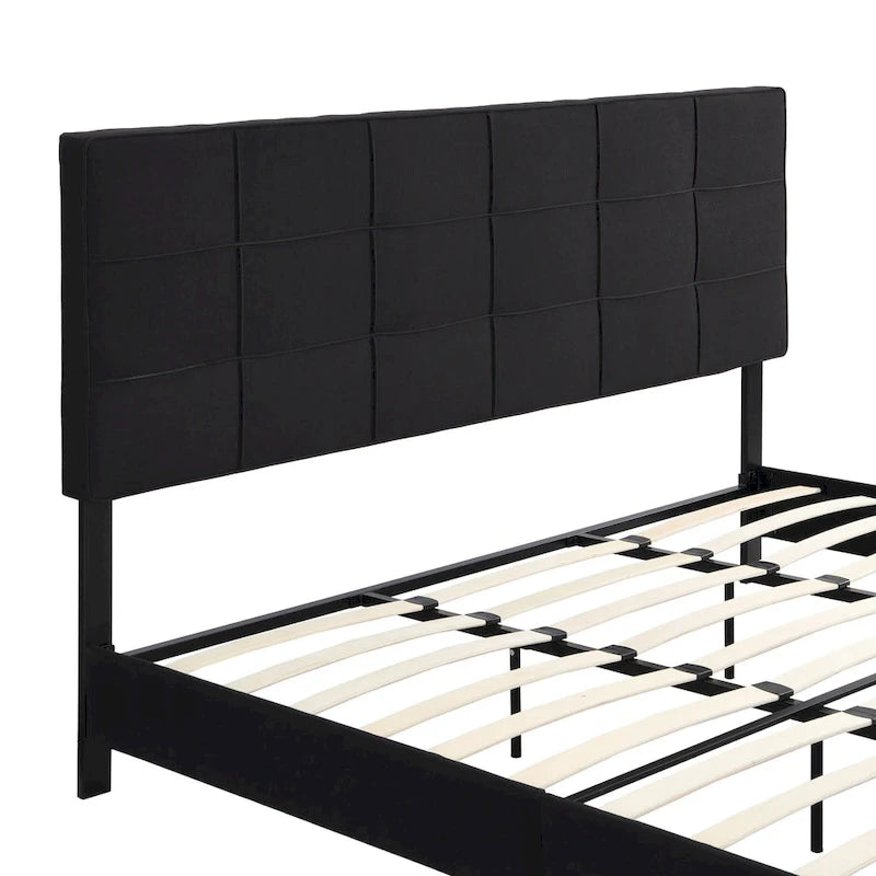 Black King Upholstered Platform Bed with Button Tufted Headboard and Wood Slats - No Box Spring Needed