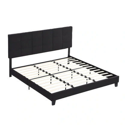 Black King Upholstered Platform Bed with Button Tufted Headboard and Wood Slats - No Box Spring Needed