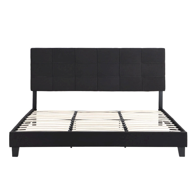 Black King Upholstered Platform Bed with Button Tufted Headboard and Wood Slats - No Box Spring Needed