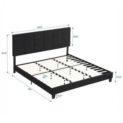 Black King Upholstered Platform Bed with Button Tufted Headboard and Wood Slats - No Box Spring Needed