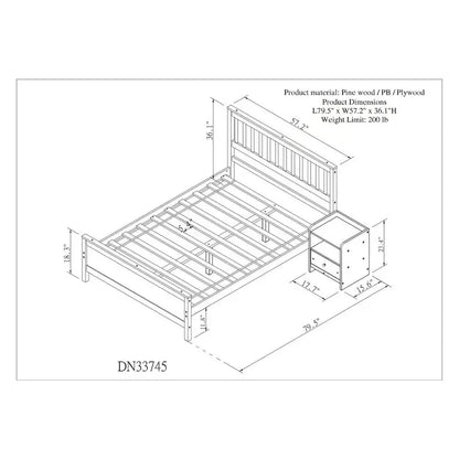 Grey Pine Wood Full Bed with Slatted Headboard and Footboard - No Box Spring Required, Includes Nightstand