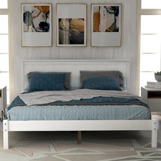White Full Pine Platform Bed Frame with Headboard - Space-Saving Storage Design