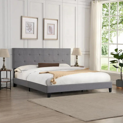 Grey King Linen Upholstered Platform Bed with Tufted Headboard, Strong Wood Slat Support - No Box Spring Needed